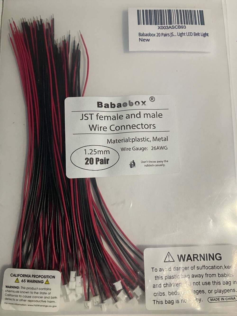 Babaobox JST Female and Male Wire Connectors 20 Pair 1.25mm 26AWG